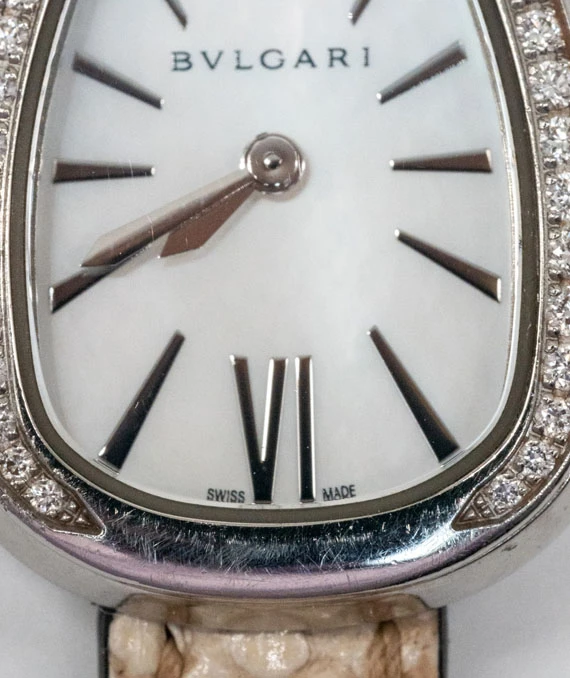 Bvlgari Serpenti White Dial in 18k White Gold with Diamond Bezel on Beige Double Wrap Leather Strap Watch