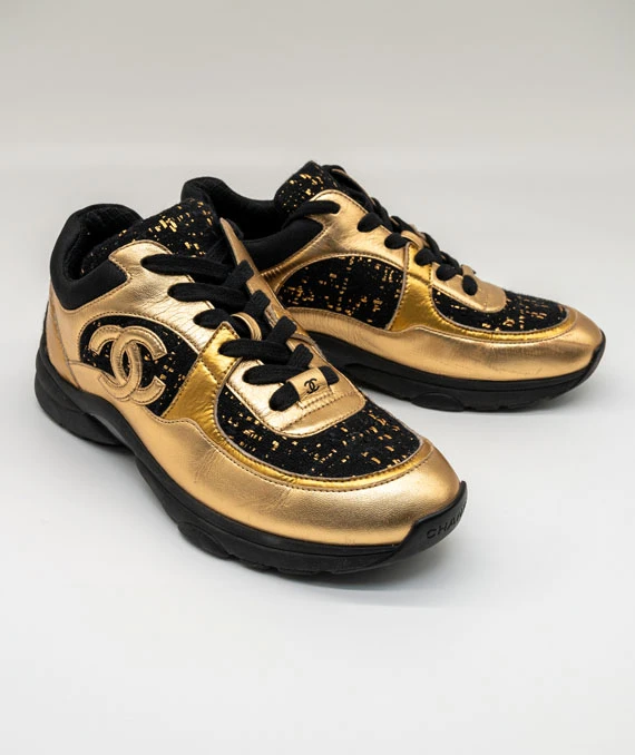 CHANEL Size 37.5 Satin Lambskin Fabric Tweed CC Sneakers in Gold and Black