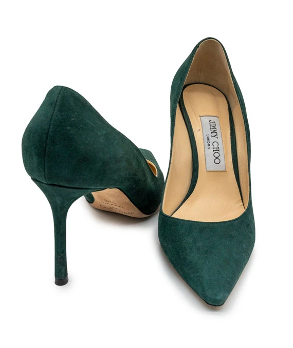 Jimmy Choo Size 37.5 Suede Evergreen ANOUK (suede forest green) heels