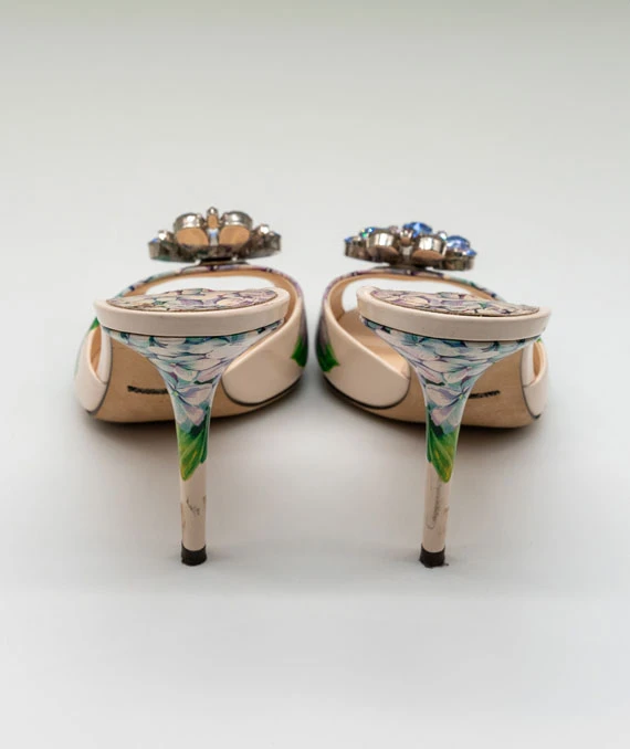 Dolce & Gabbana Size 38 Multicolor Patent Crystal Embellished Flower Slide Sandals