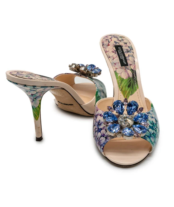 Dolce & Gabbana Size 38 Multicolor Patent Crystal Embellished Flower Slide Sandals