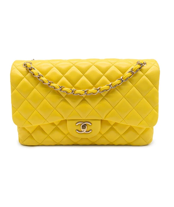 Chanel Yellow Colour Classic Jumbo Lambskin Leather Double Flap Bag with Silver Hardware