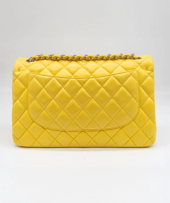 Chanel Yellow Colour Classic Jumbo Lambskin Leather Double Flap Bag with Silver Hardware