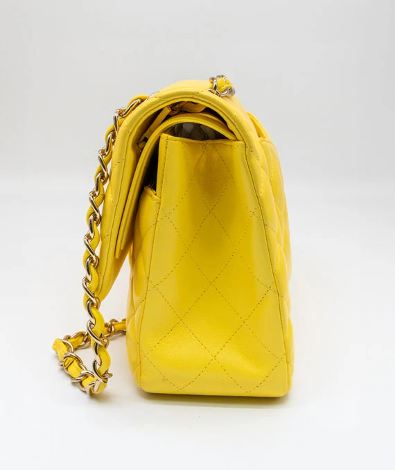 Chanel Yellow Colour Classic Jumbo Lambskin Leather Double Flap Bag with Silver Hardware