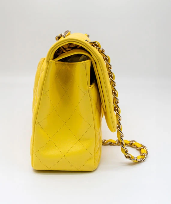 Chanel Yellow Colour Classic Jumbo Lambskin Leather Double Flap Bag with Silver Hardware