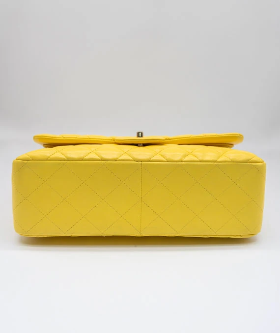 Chanel Yellow Colour Classic Jumbo Lambskin Leather Double Flap Bag with Silver Hardware