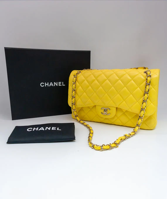 Chanel Yellow Colour Classic Jumbo Lambskin Leather Double Flap Bag with Silver Hardware