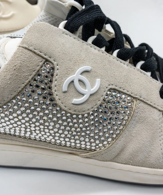 Chanel Size 41 23C Silver Grey Crystals CC Logo Suede Sneakers