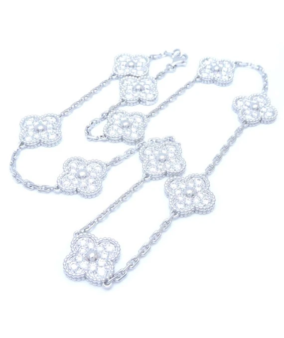 Van Cleef & Arpels Vintage Alhambra Diamond 10 Motif 18k White Gold Necklace