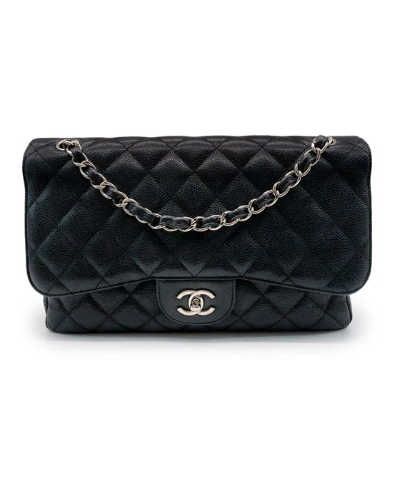 Chanel Black Double Flap Classic Jumbo Caviar Leather Handbag with Silver Hardware