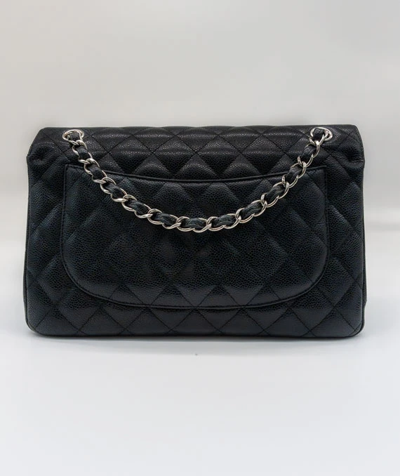 Chanel Black Double Flap Classic Jumbo Caviar Leather Handbag with Silver Hardware