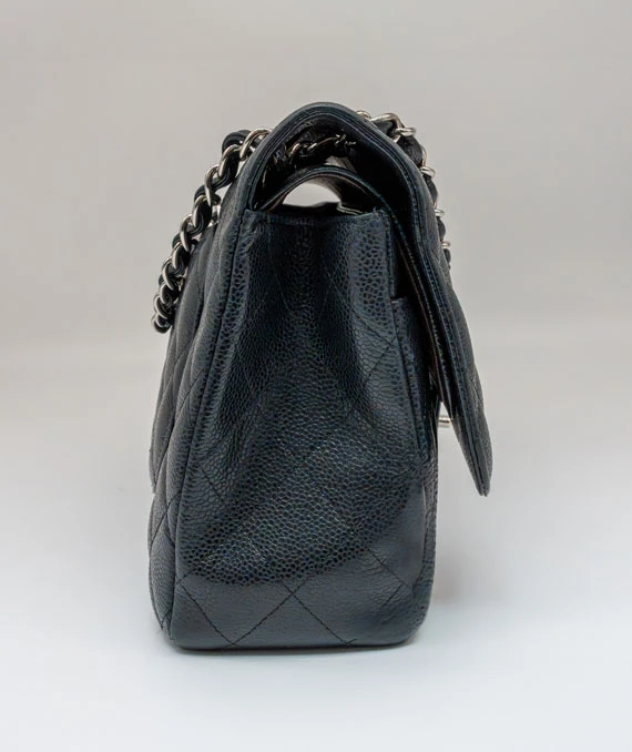 Chanel Black Double Flap Classic Jumbo Caviar Leather Handbag with Silver Hardware