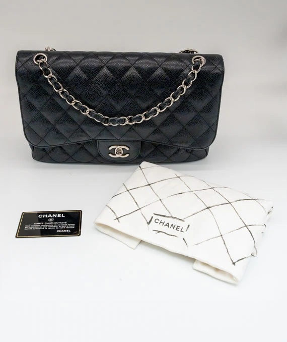 Chanel Black Double Flap Classic Jumbo Caviar Leather Handbag with Silver Hardware