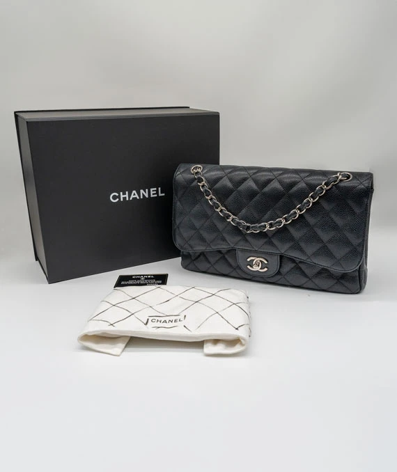 Chanel Black Double Flap Classic Jumbo Caviar Leather Handbag with Silver Hardware