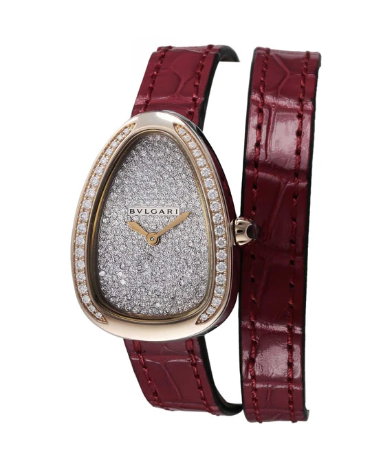 Bulgari Serpenti Diamond Encrusted 18k Rose Gold Bezel and Diamond Encrusted White Dial Watch