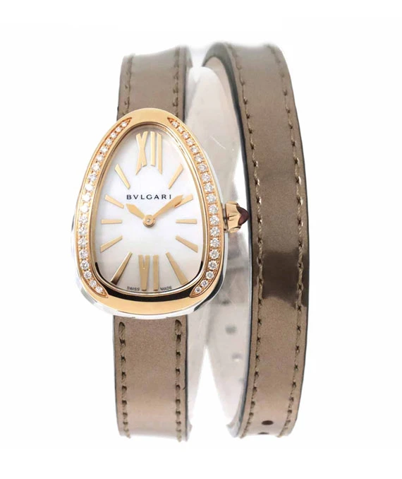 Bulgari Serpenti White Dial Ladies Watch with Diamond Encrusted 18k Yellow Gold Bezel