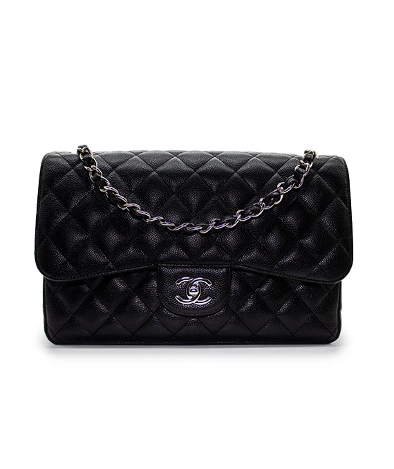 Chanel Black Double Flap Classic Jumbo Caviar Leather Handbag with Silver Hardware