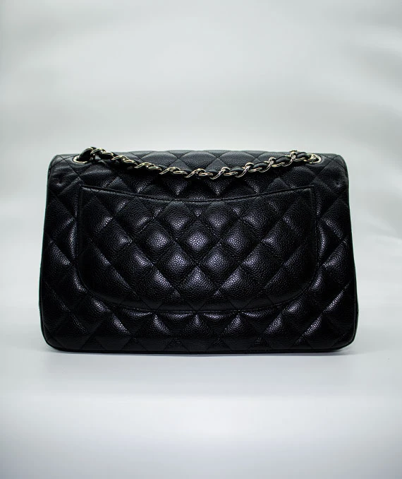 Chanel Black Double Flap Classic Jumbo Caviar Leather Handbag with Silver Hardware