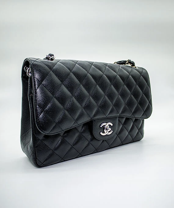 Chanel Black Double Flap Classic Jumbo Caviar Leather Handbag with Silver Hardware