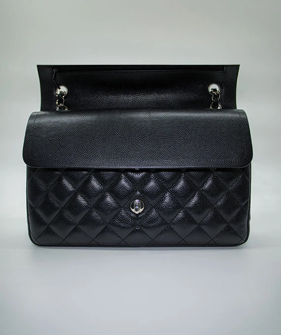 Chanel Black Double Flap Classic Jumbo Caviar Leather Handbag with Silver Hardware