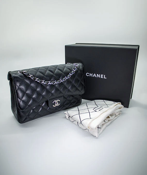 Chanel Black Double Flap Classic Jumbo Caviar Leather Handbag with Silver Hardware