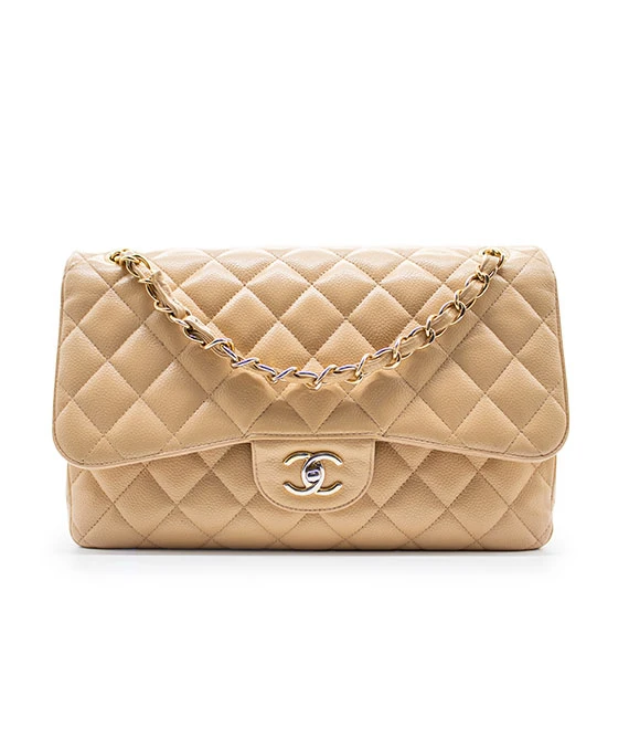 Chanel Beige Double Flap Classic Jumbo Caviar Leather Handbag with Gold Hardware