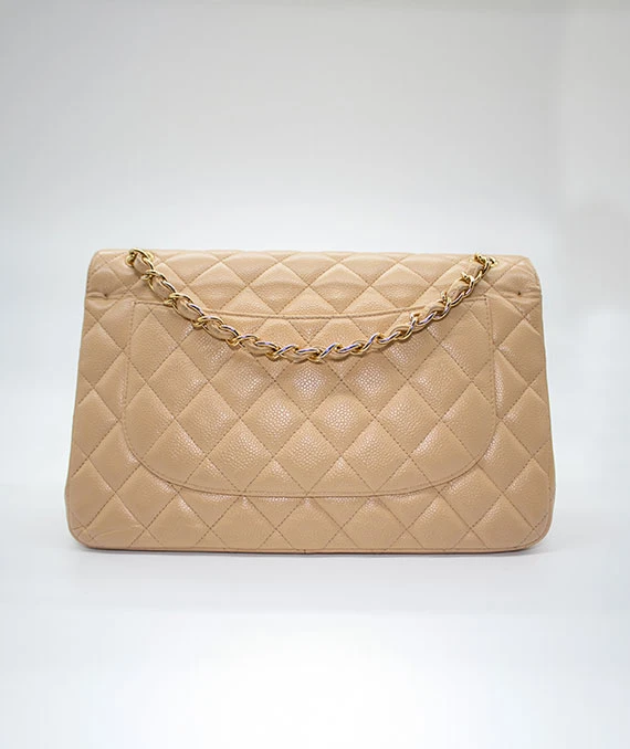 Chanel Beige Double Flap Classic Jumbo Caviar Leather Handbag with Gold Hardware