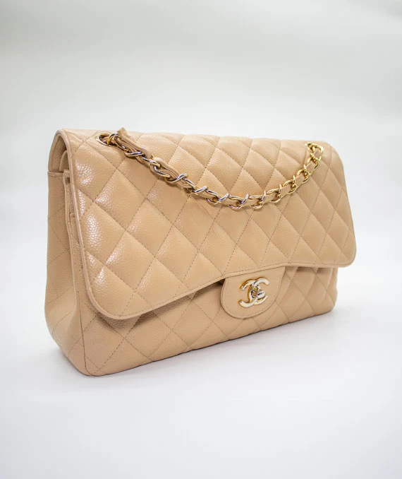 Chanel Beige Double Flap Classic Jumbo Caviar Leather Handbag with Gold Hardware