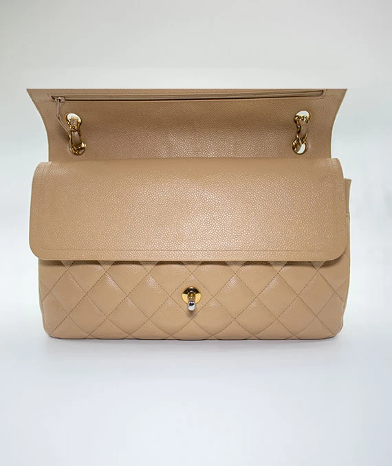 Chanel Beige Double Flap Classic Jumbo Caviar Leather Handbag with Gold Hardware