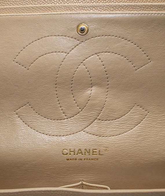 Chanel Beige Double Flap Classic Jumbo Caviar Leather Handbag with Gold Hardware