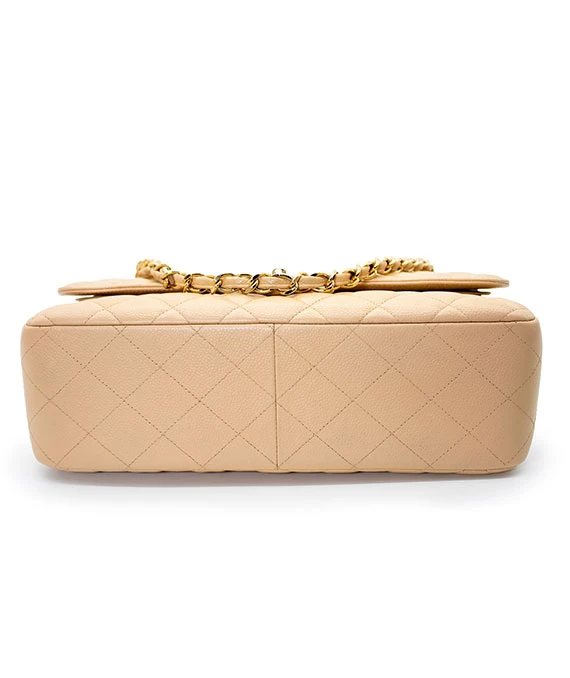 Chanel Beige Double Flap Classic Jumbo Caviar Leather Handbag with Gold Hardware