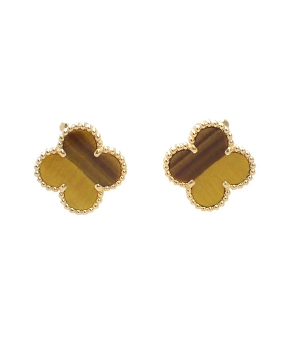Van Cleef & Arpels Vintage Alhambra Tigers Eye 18k Yellow Gold Earrings