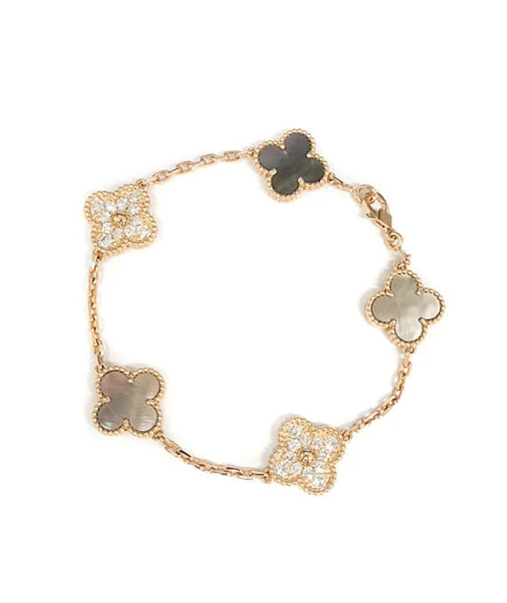 Van Cleef & Arpels Vintage Alhambra Diamond Shell 5 Motifs Bracelet In 18k Pink Gold