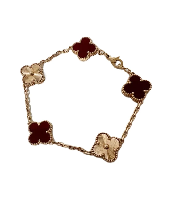 Van Cleef & Arpels Vintage Alhambra Carnelian Guilloche 5 Motifs 18k Rose Gold Bracelet