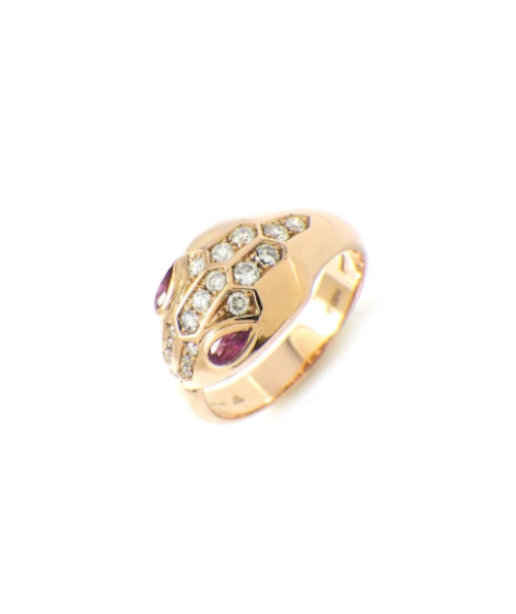 Bvlgari Size 14.5 Serpenti Snake Motif Ring with Pink Rubellite and Diamonds In 18k Rose Gold