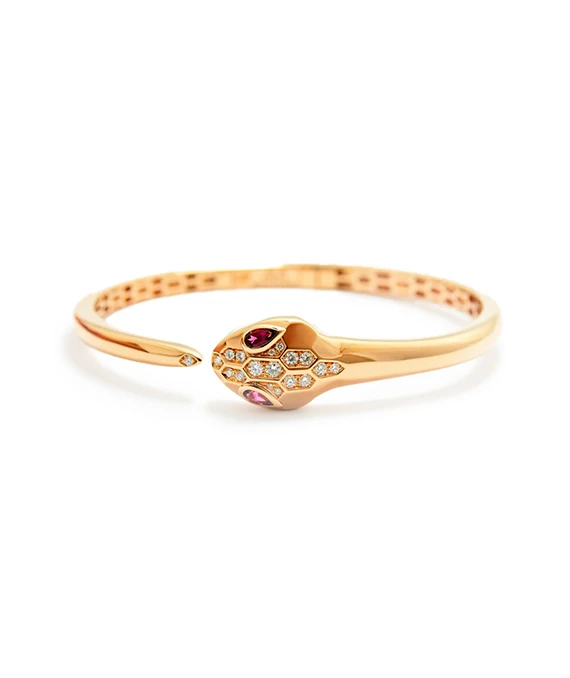Bvlgari Size 17 Serpenti Snake Diamond and Tourmaline Bracelet In 18k Rose Gold