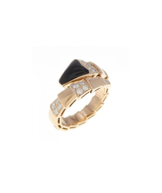Bvlgari Size 14 Serpenti Onyx and Diamond Ring In Rose Gold