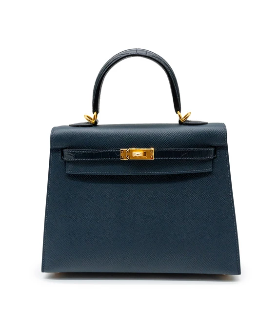 Hermes Kelly (Stamp B) Size 25 Blue Minuit Madame Leather Handbag with Gold Hardware