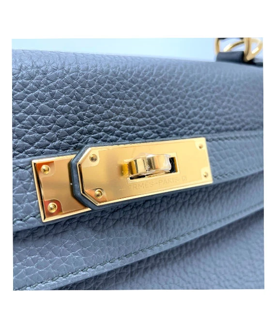 Hermes (Stamp U) Size 28 Togo leather Kelly in Vert Amande Gray Color with Gold Hardware