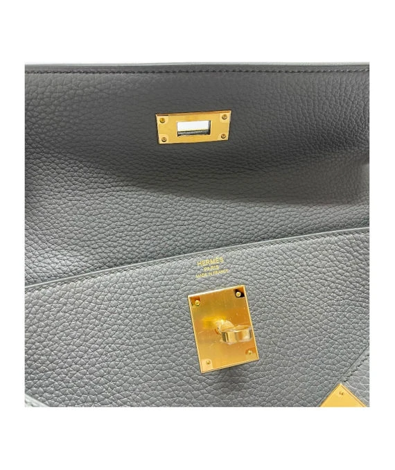 Hermes (Stamp U) Size 28 Togo leather Kelly in Vert Amande Gray Color with Gold Hardware