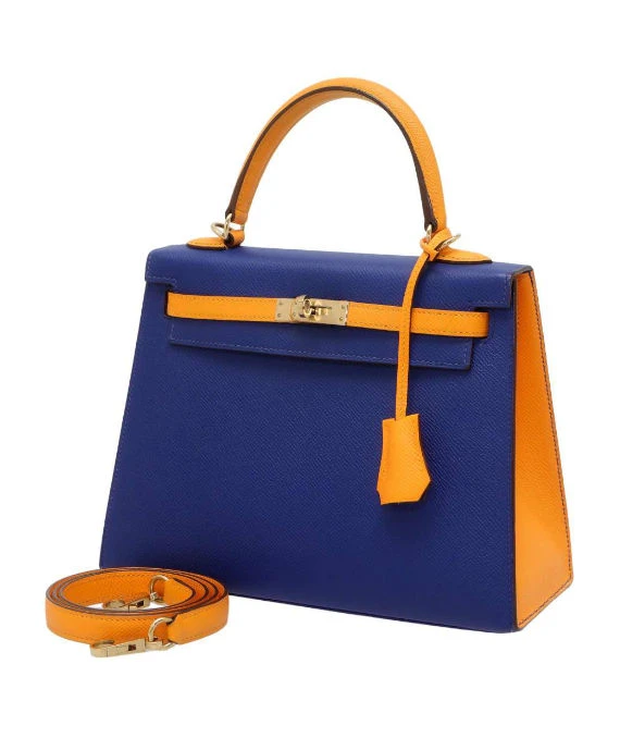 Hermes 2017 (Stamp A) Size 25 Epsom Leather Kelly in Blue Electric and Jaune Ambre Color with Gold Hardware