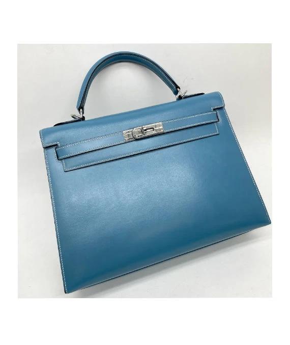 Hermes (Stamp F) Size 32 Calf leather Kelly in Blue Jean Color with Palladium Hardware