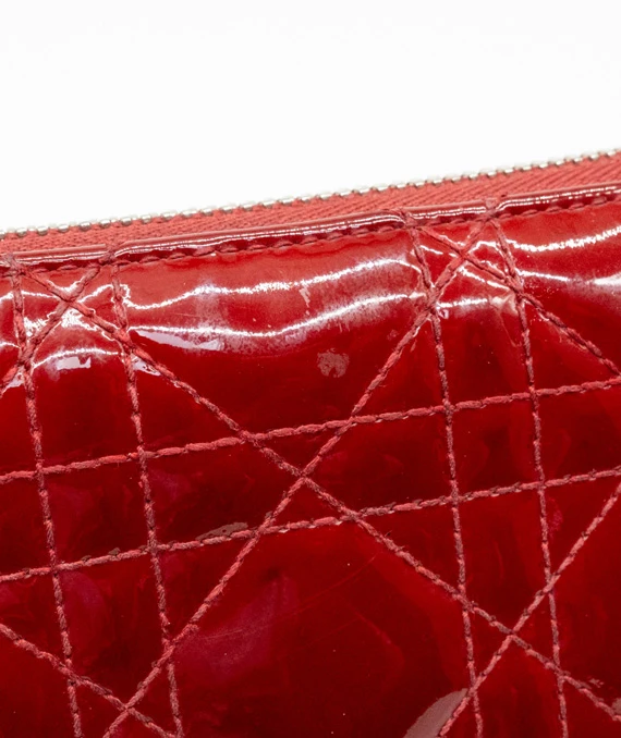 Dior Red Patent Leather Quilted Cannage Zip Around Wallet