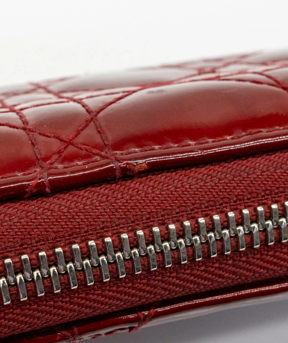 Dior Red Patent Leather Quilted Cannage Zip Around Wallet
