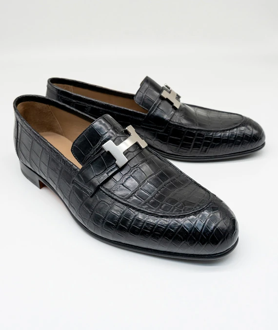Hermes Size 42 Black Crocodile Leather Shoes