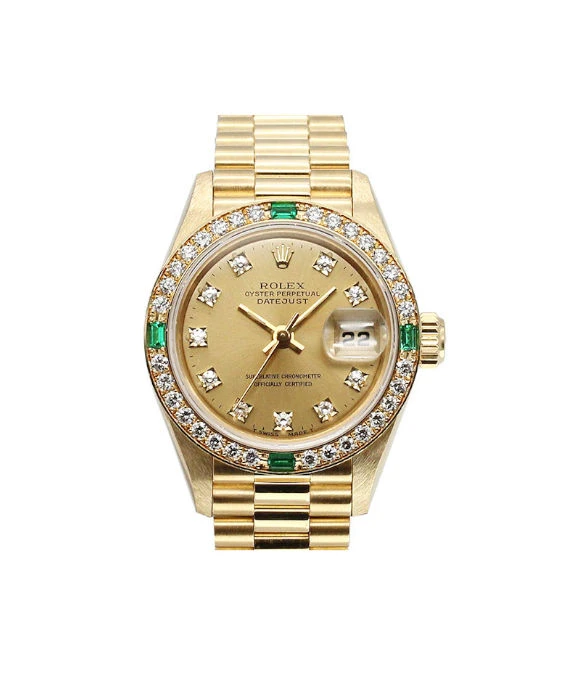 Rolex 69078G Datejust 26mm Champagne Dial in 18k Yellow Gold with Emerald and Diamonds Women's Watch