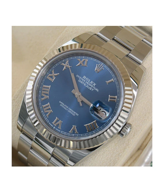 Rolex Datejust 42.4mm Azzurro Blue Dial Roman Numeral Automatic Men's Watch in Stainless Steel and White Gold