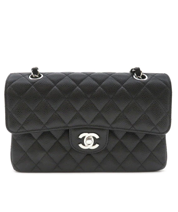 Chanel Black Double Flap Classic Small Caviar Leather Handbag with Silver Hardware