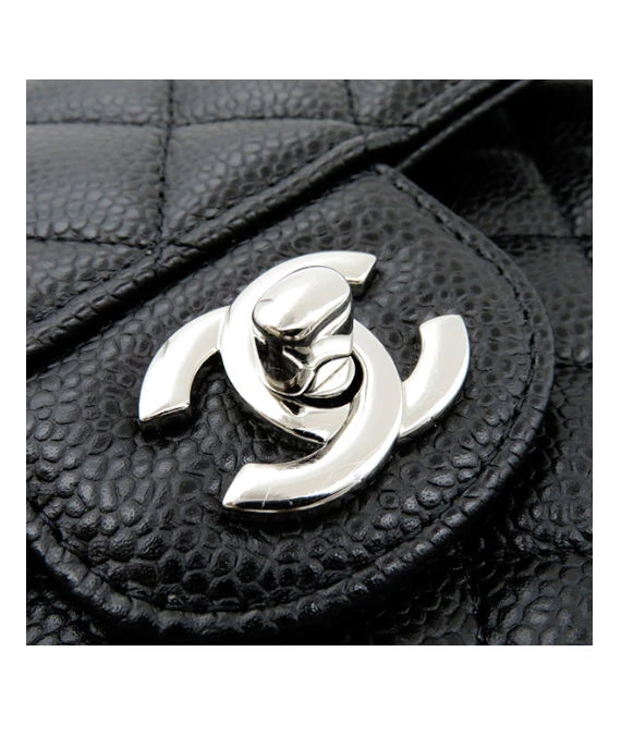 Chanel Black Double Flap Classic Small Caviar Leather Handbag with Silver Hardware