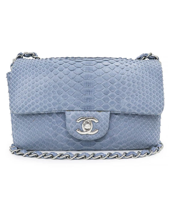 Chanel Matlasse Chain Shoulder Bag Python Exotic Blue Leather with Silver Hardware